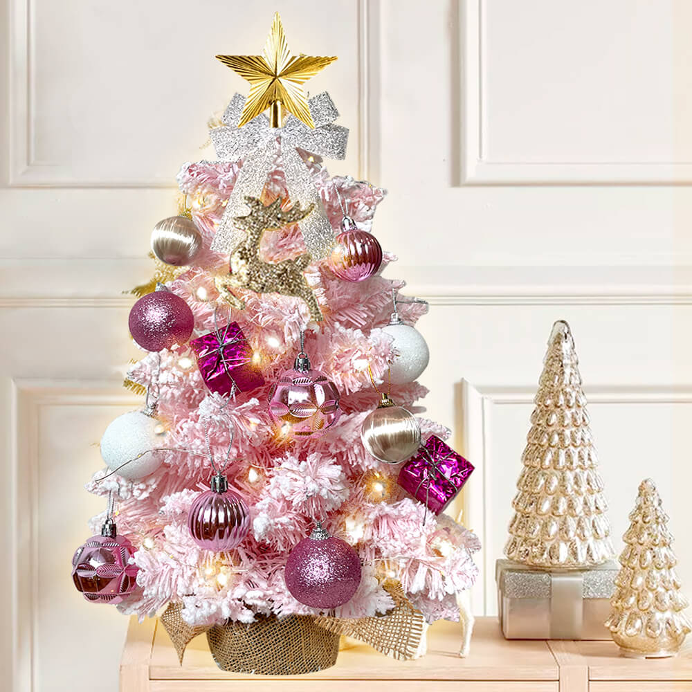 Holiday 2ft Mini Artificial Christmas Tree with Lights Small Tabletop Christmas Decoration with Flocked Snow, Exquisite Decor & Xmas Ornaments For Table Top For Home & Office