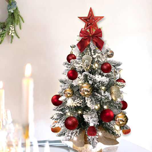 Holiday 2ft Mini Artificial Christmas Tree with Lights Small Tabletop Christmas Decoration with Flocked Snow, Exquisite Decor & Xmas Ornaments For Table Top For Home & Office