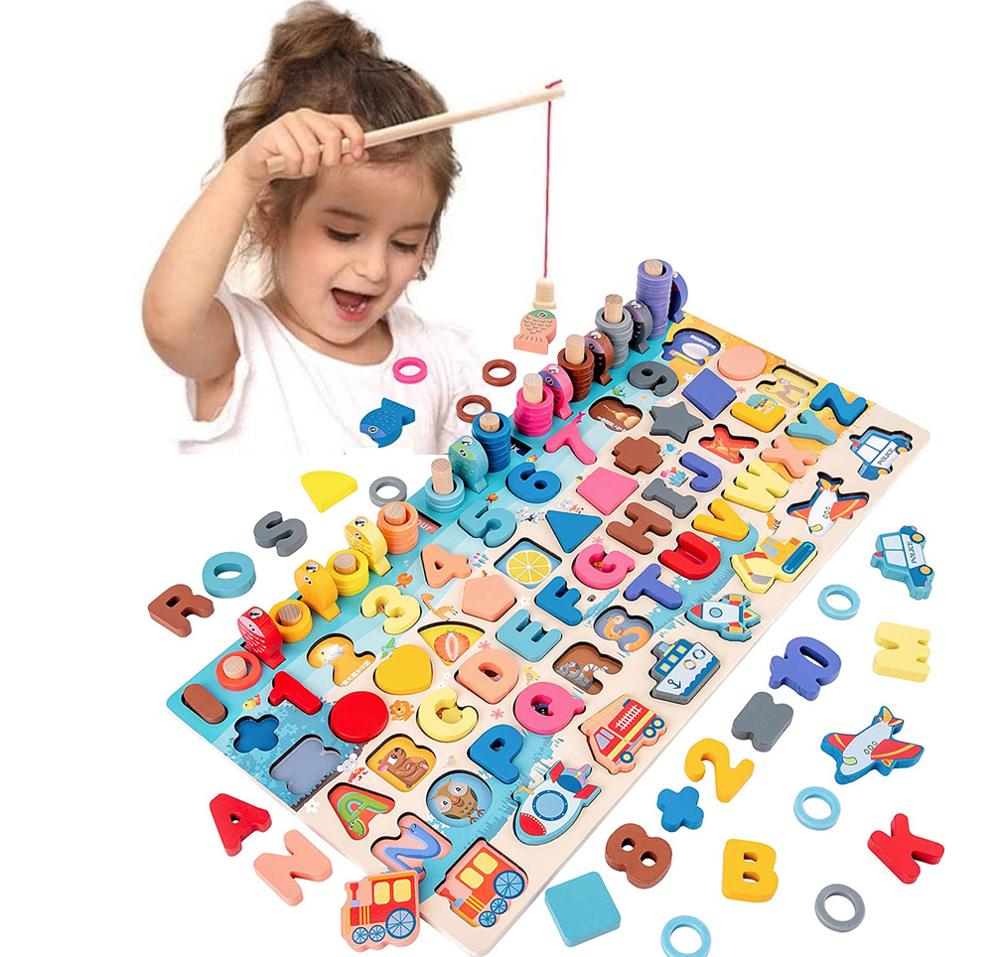 Children Montessori Educational Wooden Toy Board Math Fishing Montessori Toy Educational for 1 2 3 Years Old