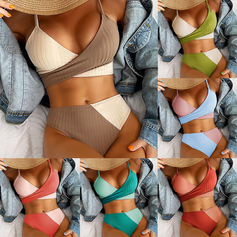 Women Swimsuit Knot Back, Patchwork Design Bikini