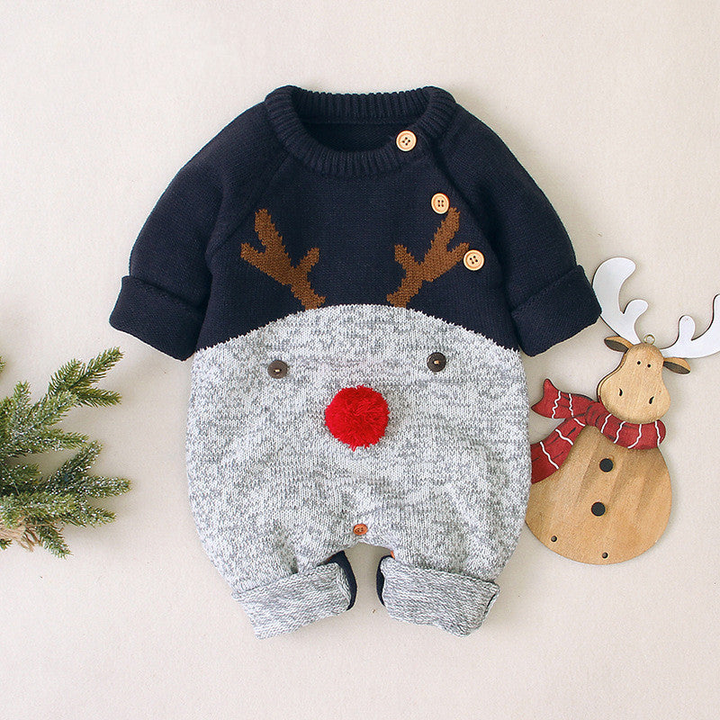 Holiday Knitted Deer Romper Christmas Sweater