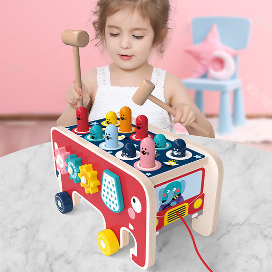 Children Toddler Montessori Wooden Pounding Animal Toy Bus Early Educational Set Children Toy Musical Instrument