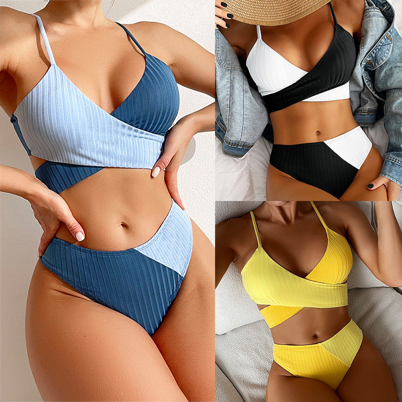 Women Swimsuit Knot Back, Patchwork Design Bikini