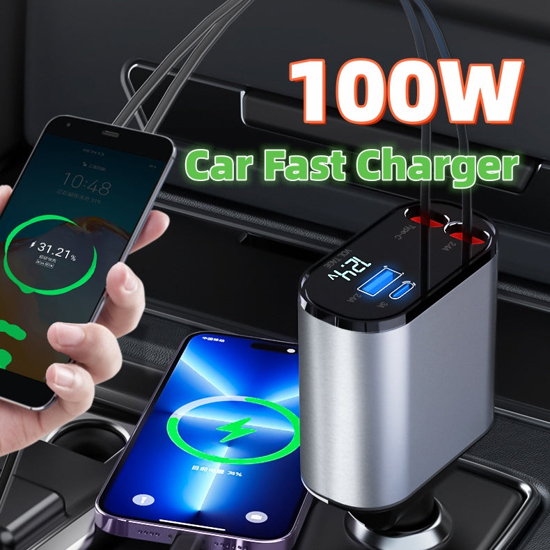 Mobile Super Fast 100W Metal Car Charger Cigarette Lighter USB and TYPE-C Adapter