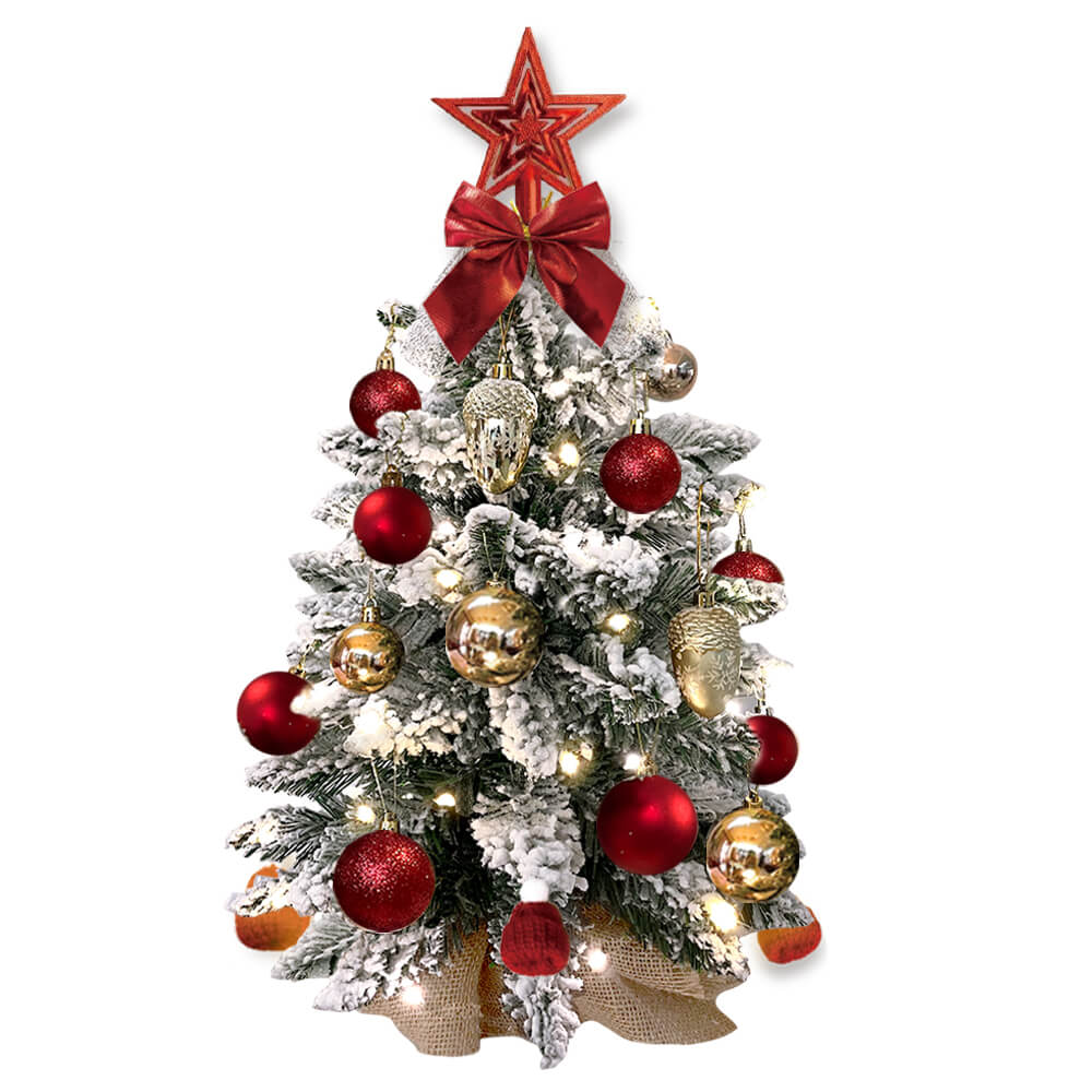 Holiday 2ft Mini Artificial Christmas Tree with Lights Small Tabletop Christmas Decoration with Flocked Snow, Exquisite Decor & Xmas Ornaments For Table Top For Home & Office