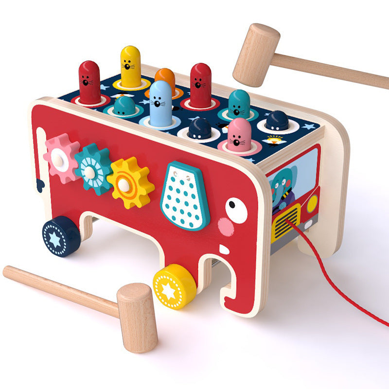 Children Toddler Montessori Wooden Pounding Animal Toy Bus Early Educational Set Children Toy Musical Instrument