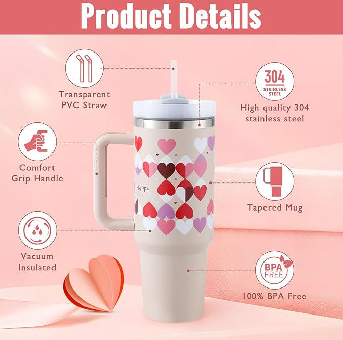 Stainless Steel Spill Proof 40 Oz Insulated Tapered Tumbler with Handle and Straw for Office Gym Car and Travel, Vacuum Coffee Cup Tumbler with Lid Mug Gifts for Valentine Lover