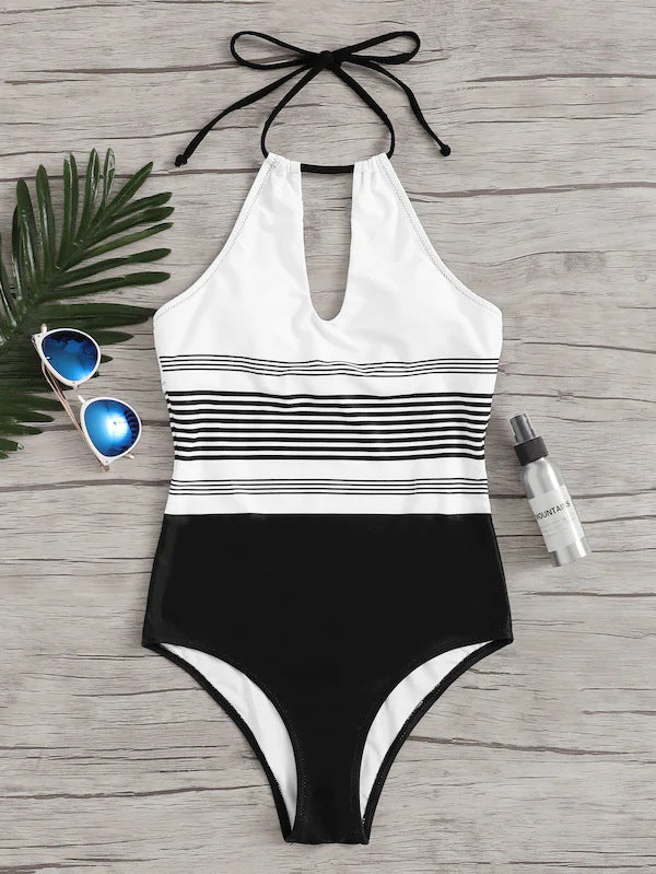 Women Swimsuit Chic One-Piece Striped Swimsuit